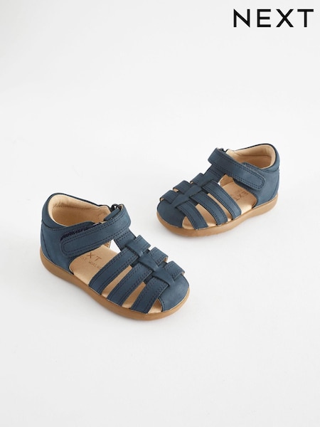 Navy Standard Fit (F) Baby Touch Fastening Leather First Walker Sandals (Q67861) | £22