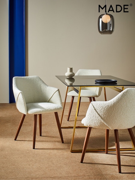 MADE.COM Set of 2 White Boucle and Walnut Legs Lule Arm Dining Chairs (Q68963) | £329