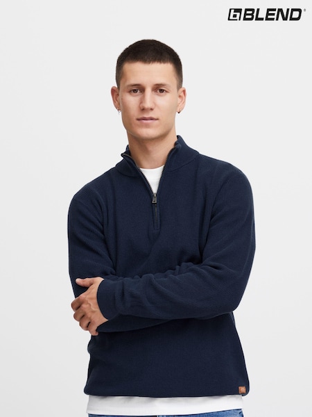 Blend Blue 100% Cotton Quarter Zip Knitted Sweat Jumper (Q69563) | £35