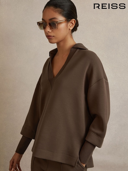 Reiss Chocolate Bernie Relaxed Open-Collar Jumper (Q70902) | £128
