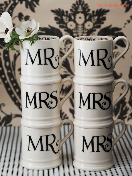 Emma Bridgewater Set of 2 Cream Black Toast Mr & Mrs 1/2 Pint Mugs Boxed (Q71326) | £50