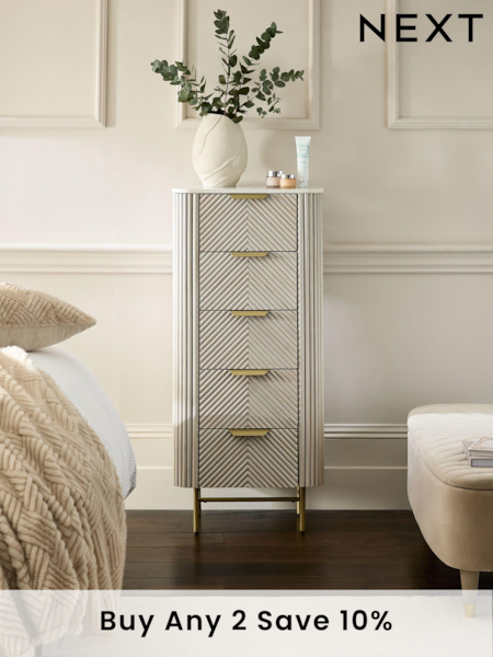 Light Grey Valencia Marble and Mango Wood 5 Drawer Tall Chest of Drawers (Q72735) | £725