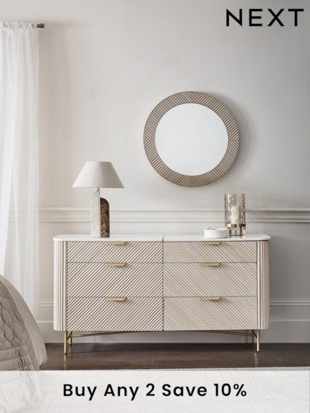 Light Grey Valencia Marble and Mango Wood 6 Drawer Wide Chest of Drawers (Q72987) | £1,199