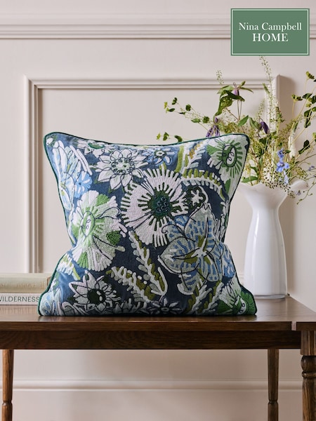 Nina Campbell Blue Jardin Floral Velvet Embroidered Feather Filled Cushion (Q73129) | £40