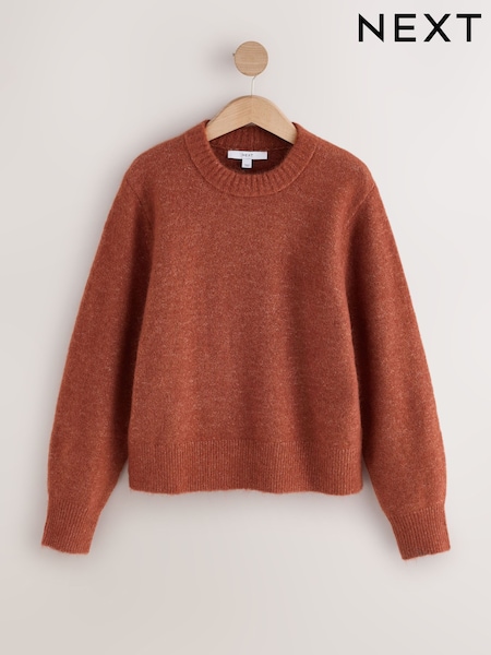 Conker Brown - Long Sleeve Crew Neck Knitted Jumper With Wool