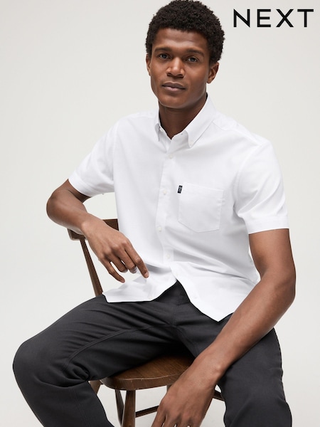 White Slim Fit Short Sleeve Easy Iron Button Down Oxford Shirt (Q73476) | £22