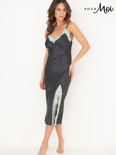 Pour Moi Grey Dusk Satin and Lace Midi Chemise (Q73683) | £37