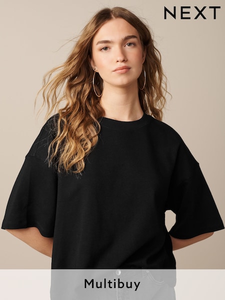 Black Oversized Relaxed Fit Boxy Heavyweight Crew Neck T-Shirt (Q73840) | £12