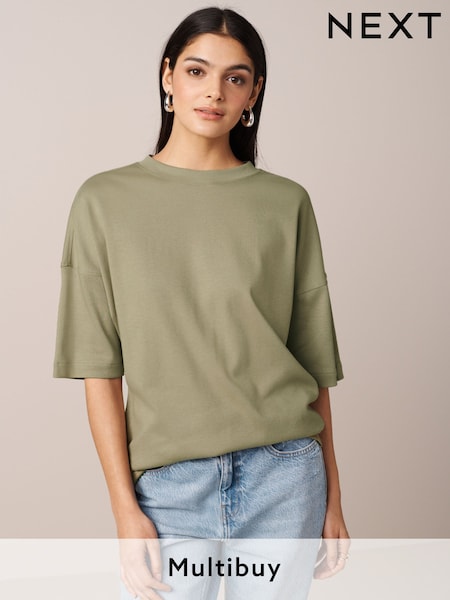 Khaki Green 100% Cotton Relaxed Fit Heavyweight Longline Crew Neck T-Shirt (Q73863) | £13
