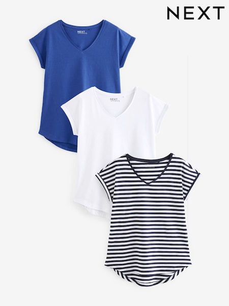 Multi 100% Cotton V-Neck Cap Sleeve T-Shirts 3 Pack (Q73871) | £23