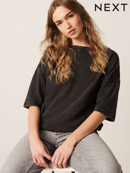 Charcoal Grey 100% Cotton Relaxed Fit Heavyweight Longline Crew Neck T-Shirt (Q73879) | £14