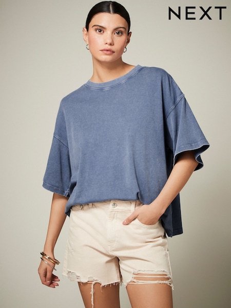 Blue Wash Oversized Relaxed Fit Boxy Heavyweight Crew Neck T-Shirt (Q73885) | £14