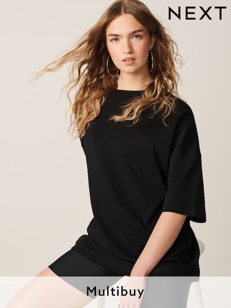 Black 100% Cotton Relaxed Fit Heavyweight Longline Crew Neck T-Shirt (Q73887) | £13