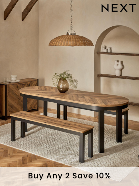 Dark Bronx Oak Effect 8 Seater Dining Table and Bench Set (Q74859) | £775