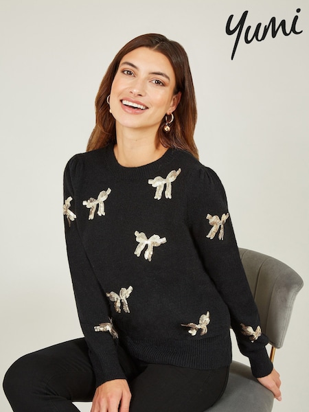 Yumi Black Sequin All Over Applique Bow Knitted Jumper (Q75084) | £50