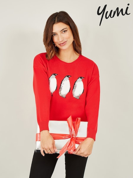 Yumi Red Christmas Festive Penguin Knitted Jumper (Q75088) | £45