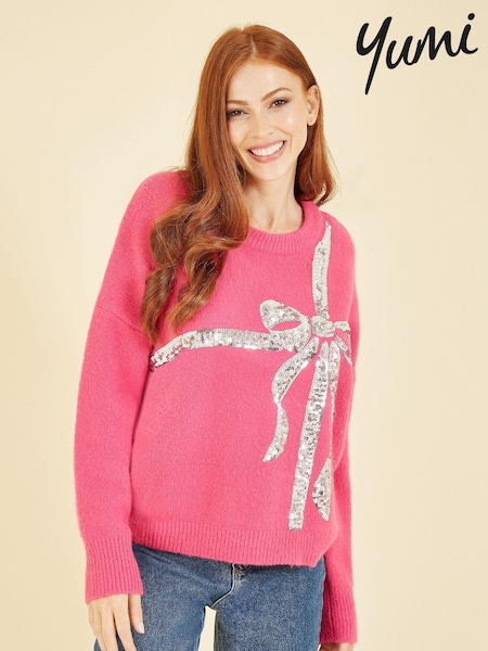 Yumi Pink Sequin Bow Knitted Jumper (Q75090) | £50