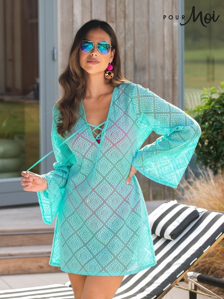 Pour Moi Sky Blue Crochet Lace Long Sleeve Beach Cover-Up (Q75563) | £45