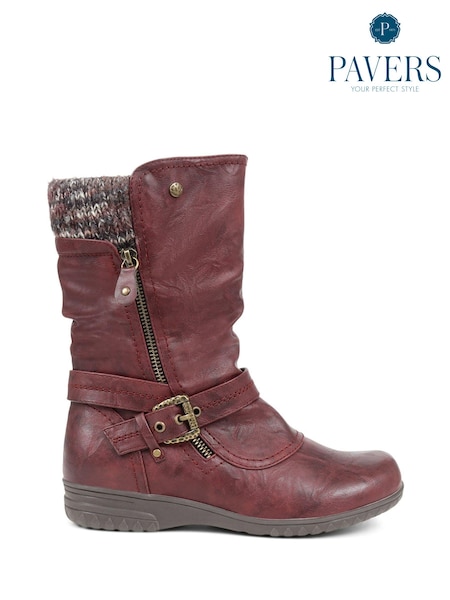 Pavers Red Knitted Cuff Buckle Slouch Mid-Calf Boots (Q75652) | £48