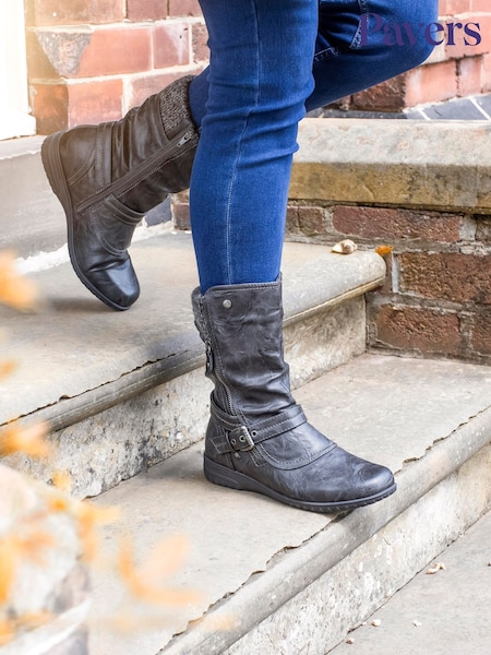 Pavers Grey Knitted Cuff Buckle Slouch Mid-Calf Boots (Q75662) | £48
