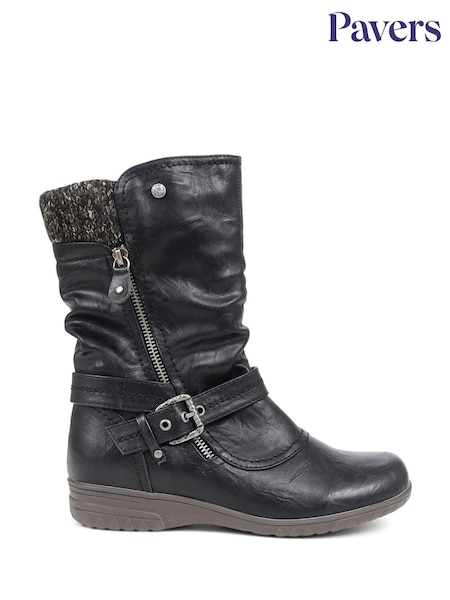 Pavers Black Knitted Cuff Buckle Slouch Mid-Calf Boots (Q75676) | £48