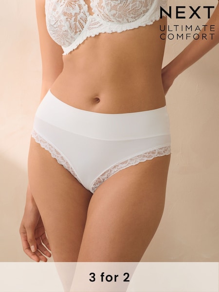 White High Rise High Leg Ultimate Comfort Brushed Lace Trim Knickers (Q76235) | £10