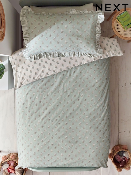 Sage Green Block Floral Printed Polycotton Duvet Cover and Pillowcase Bedding (Q76573) | £10 - £16