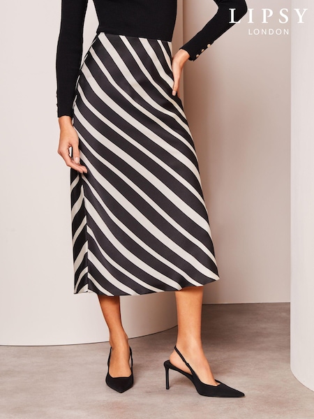 Lipsy Black White Stripe Petite Satin Bias Cut Midi Skirt (Q77454) | £10
