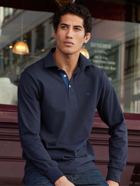 Savile Row Company Denim Blue Long Sleeve 100% Cotton Polo Shirt (Q77633) | £45