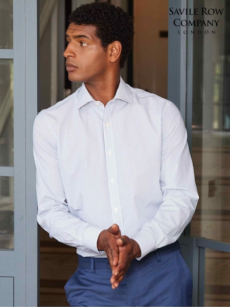 Savile Row Company Slim Fit Blue 100% Cotton Stripe Single Cuff Formal Shirt (Q77754) | £30