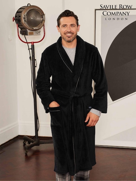 Savile Row Company Fleece Black Dressing Gown With Grey Piping (Q77807) | £50