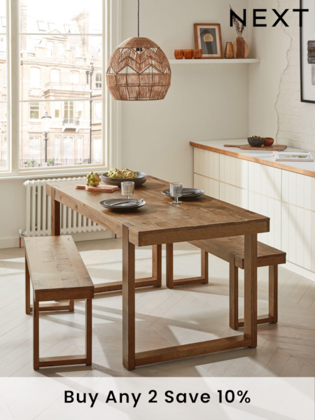 Natural Jefferson Solid Wood Pine 4 Seater Dining Table and Bench Set (Q78311) | £875