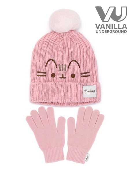 Vanilla Underground Pink Pusheen Ladies Knitted Hat and Flip Mitts Set (Q78557) | £26