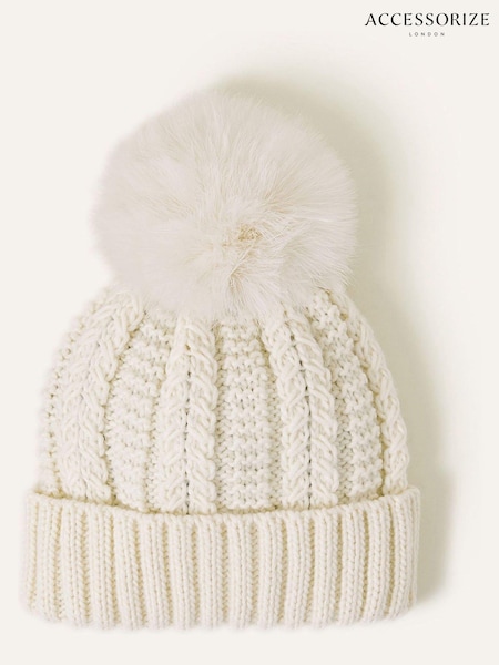 Accessorize Cream Faux Fur Pom-Pom Beanie Hat (Q79440) | £20