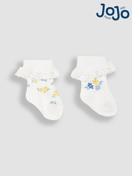 JoJo Maman Bébé White Floral 2-Pack Frilly Socks (Q80304) | £9.50