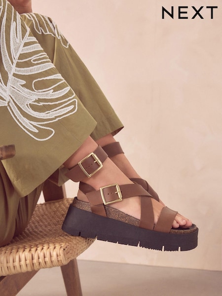 Tan Brown Ultra Chunky Leather Flatform Sandals (Q80410) | £55