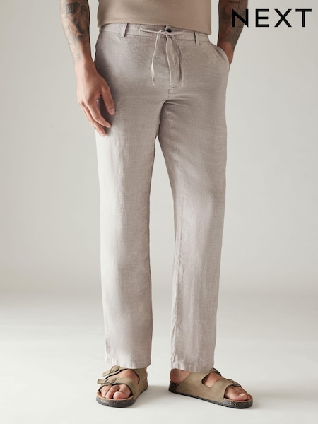 Light Grey 100% Linen Drawstring Trousers (Q80794) | £38