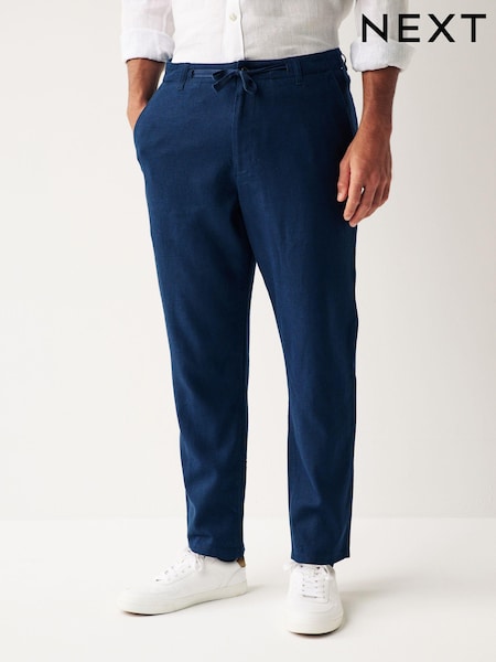 Navy Blue Linen Viscose Drawstring Trousers (Q80803) | £28