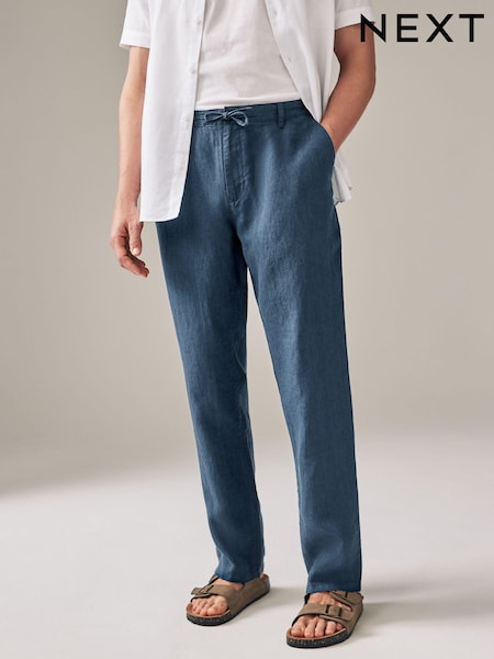 Navy Blue 100% Linen Drawstring Trousers (Q80817) | £38