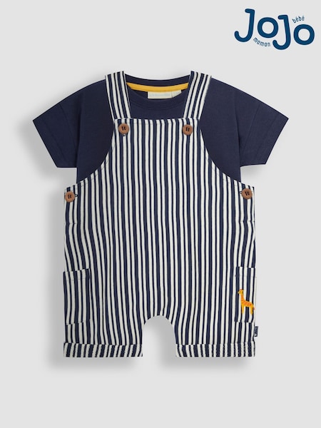JoJo Maman Bébé Navy Blue Stripe Dungarees & T-Shirt 2-Piece Set (Q81678) | £22 - £23