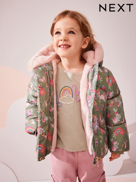 Khaki Unicorn Shower Resistant Faux Fur Lined Hooded Padded Coat (3mths-7yrs) (Q81821) | £11.50 - £13.50