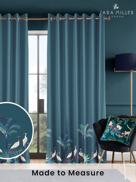 Sara Miller Teal Green Heron Border Made to Measure 100% Cotton Curtains (Q82196) | £91