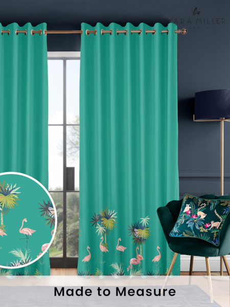 Sara Miller Green Flamingo Border Made to Measure 100% Cotton Curtains (Q82198) | £91