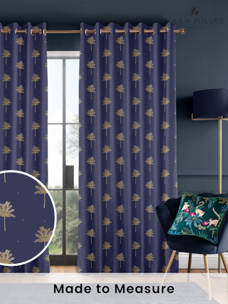 Sara Miller Navy Blue Small Palm Made to Measure 100% Cotton Curtains (Q82201) | £91