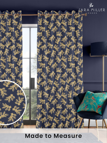 Sara Miller Deep Navy Blue Etched Leaves Made to Measure 100% Cotton Curtains (Q82216) | £91