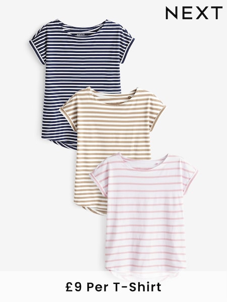 Stripe Cap Sleeve 100% Cotton T-Shirts 3 Pack (Q82361) | £27