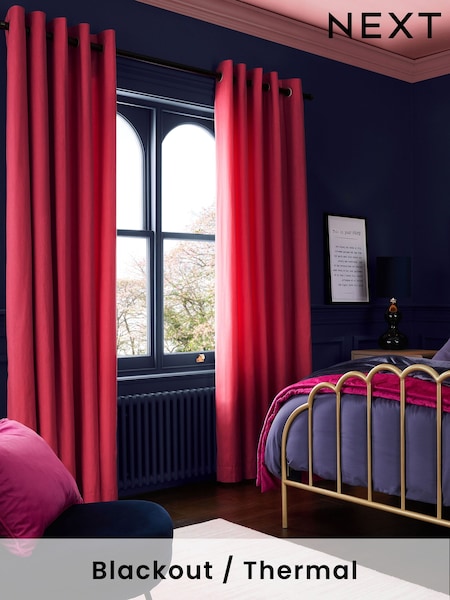 Pink Bright Blackout/Thermal Cotton Eyelet Curtains (Q82491) | £40 - £105