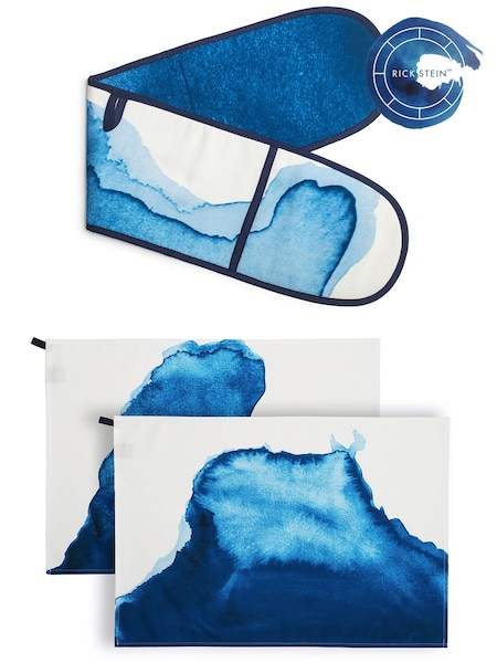 Rick Stein Blue Coves Of Cornwall Double 100% Cotton Oven Glove & Tea Towels Set (Q82672) | £36