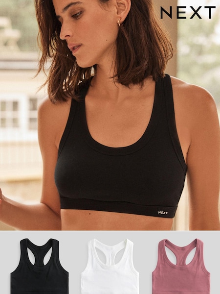 Black/Rose Pink/White Ribbed Cotton Ultimate Comfort Crop Tops 3 Pack (Q82861) | £26