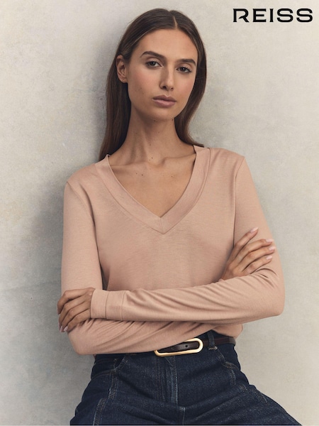 Reiss Camel Brady Jersey V-Neck Top (Q83406) | £68